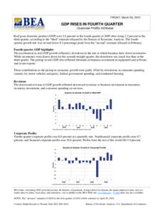 FRIDAY, March 26, 2010  GDP RISES IN FOURTH QUARTER Corporate Profits Increase Real gross domestic product (GDP) rose 5.6 percent in the fourth quarter of 2009 after rising 2.2 percent in the third quarter, according to 