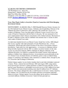 ALABAMA SECURITIES COMMISSION 770 Washington Ave., Suite 570 Montgomery, Alabama[removed]Mail: Post Office Box[removed]Telephone: ([removed]or[removed]Fax: ([removed]Email: [removed] Website: