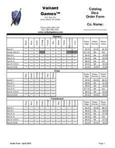 Valiant Games™ Catalog Dice Order Form