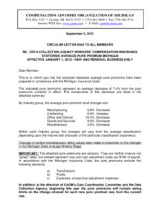 COMPENSATION ADVISORY ORGANIZATION OF MICHIGAN P.O. Box 3337 • Livonia, MI[removed] • ([removed] • Fax[removed]Internet WEB Site: www.caom.com • E-Mail: [removed] September 2, 2011  CIRCULAR LETT