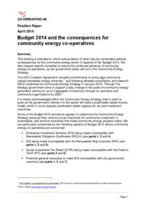 Position Paper April 2014 Budget 2014 and the consequences for community energy co-operatives Summary