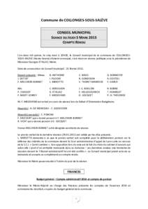 Commune de COLLONGES-SOUS-SALÈVE CONSEIL MUNICIPAL SEANCE DU JEUDI 5 MARS 2015 COMPTE RENDU L’an deux mil quinze, le cinq mars à 20H30, le Conseil municipal de la commune de COLLONGESSOUS-SALÈVE (Haute-Savoie) dûme