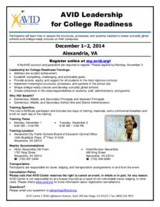 AVID Leadership for College Readiness Participants will learn how to assess the structures, processes, and systems needed to create culturally gifted schools and college-ready cultures on their campuses.  December 1–2,