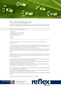 Nachhaltigkeit Eine Sonderveröffentlichung des Reflex Verlages am 29. September 2012 im Tages-Anzeiger Themenschwerpunkte n	 n