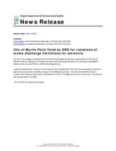 Oregon Department of Environmental Quality  News Release Release Date: Feb. 2, 2015 Contacts: Steve Siegel, Environmental Law Specialist, Portland, [removed]