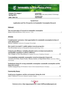 Volume 10 ● Issue 1 Spring 2014 ISSN: [removed]Journal Editor Maurie Cohen (New Jersey Institute of Technology)