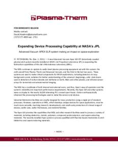 FOR IMMEDIATE RELEASE Media contact:  (extExpanding Device Processing Capability at NASA’s JPL
