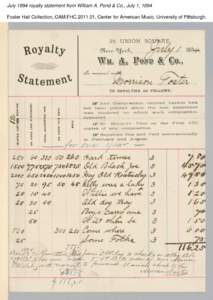 July 1894 royalty statement from William A. Pond & Co., July 1, 1894 Foster Hall Collection, CAM.FHC[removed], Center for American Music, University of Pittsburgh. 