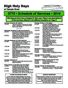 High Holy Days at Temple Sinai www.templesinaidc.org  5775 • Schedule of Services • 2014