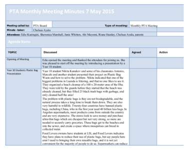  PTA	
  Monthly	
  Meeting	
  Minutes	
  7	
  May	
  2015	
  	
   Type of meeting: Monthly PTA Meeting PTA Board Minute -taker: Chelsea Ayala Attendees: Edie Kazingizi, Sheronica Marshall, Janis Whitten, Abi May