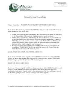 Attachment H CC Mtg[removed]Unclaimed or Found Property Policy  Oregon Finders Law - PROPERTY FOUND BY PRIVATE CITIZENS (ORS[removed])