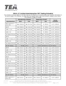 2016–17 Limited-Administration CAT Testing Schedule  This schedule shows key dates for CAT tests that are not offered on a continuous basis. See important information on the second page of this schedule, including list