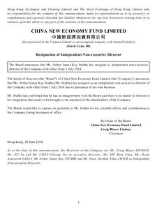 Hong Kong Exchanges and Clearing Limited and The Stock Exchange of Hong Kong Limited take no responsibility for the contents of this announcement, make no representation as to its accuracy or completeness and expressly d