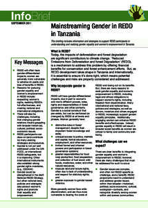 InfoBrief SEPTEMBER 2011 Mainstreaming Gender in REDD in Tanzania This briefing includes information and strategies to support REDD participants in