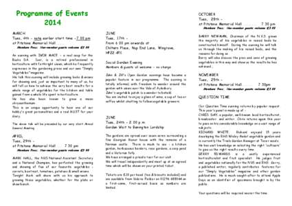 Programme of Events 2014 MARCH Tues, 4th - note earlier start time[removed]pm at Pitstone Memorial Hall[removed]Members Free: Non-member guests welcome £3.00