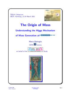 TESLA Colloquium DESY, Hamburg, 23-24 March 2001 The Origin of Mass Understanding the Higgs Mechanism of Mass Generation at