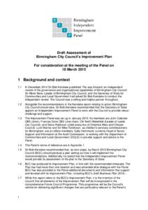 Draft Assessment of Birmingham City Council’s Improvement Plan For consideration at the meeting of the Panel on 18 MarchBackground and context