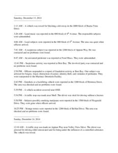 --------------------------------Saturday, December 13, 2014 -----------------------------------1:11 AM – A vehicle was towed for blocking a driveway in the 2000 block of Buena Vista Drive. 3:20 AM – Loud music was re