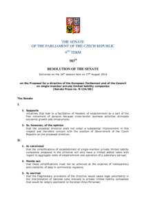 THE SENATE OF THE PARLIAMENT OF THE CZECH REPUBLIC 9TH TERM 583rd RESOLUTION OF THE SENATE Delivered on the 24th session held on 27th August 2014