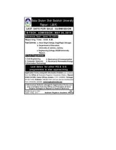 Baba Ghulam Shah Badshah University  Rajouri - (J&K) LAST DATE FOR SALE / SUBMISSION B.TECH ADMISSION