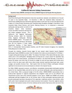 Item XII  California Seismic Safety Commission Coachella Valley (CREWS) and Imperial Valley (ICREWS) Regional Earthquake Warning Systems Background Stand Alone Earthquake Warning Systems have been operational, deployed, 