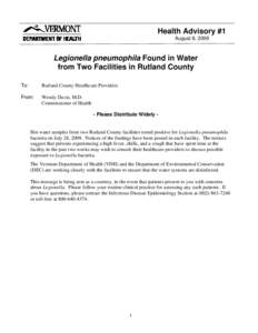 Legionella pneumophila Found in Water from Two Facilities in Rutland County