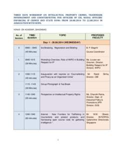 THREE DAYS WORKSHOP ON INTELLECTUAL PROPERTY CRIMES, TRADEMARK INFRINGEMENT AND COUNTERFEITING FOR OFFICERS OF CBI, NODAL OFFICERS ENFORCING IP CRIMES AND STATE EOWs FROM[removed]TO[removed]IN ASSOCIATION WITH WIPO