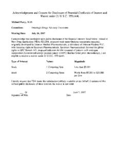 Acknowledgement and Consent for Disclosure of Potential Conflict(s) of Interest and Waiver under 21 U.S.C. 355(n)(4) Michael Perry, M.D. Committee:  Oncologic Drugs Advisory Committee