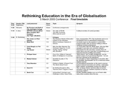 Rethinking Education in the Era of Globalisation 5 March 2005 Conference Final timetable Time 10.30