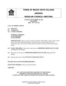 TOWN OF BEAUX ARTS VILLAGE AGENDA REGULAR COUNCIL MEETING TUESDAY DECEMBER 10, 2013 HILLBERG 2804 – 107th AVE SE