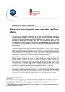 PRESS RELEASE I PARIS I 05 AUGUSTMalaria and toxoplasmosis have an Achilles heel from plants To survive, the parasites responsible for malaria and toxoplasmosis depend on mechanisms inherited from the plant world.