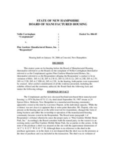 STATE OF NEW HAMPSHIRE BOARD OF MANUFACTURED HOUSING Nellie Corringham “Complainant”  )