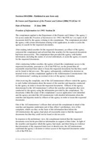 Decision D0142006 - Published in note form only Re Ivanus and Department of the Premier and Cabinet[removed]WAICmr 14 Date of Decision: 21 June 2006