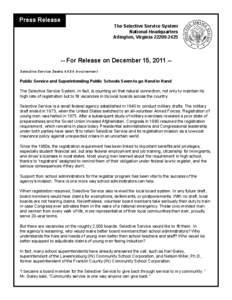 Press Release  The Selective Service System National Headquarters Arlington, Virginia[removed]