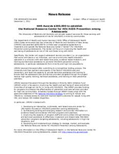 News Release FOR IMMEDIATE RELEASE December 1, 2011 Contact: Office of Adolescent Health[removed]