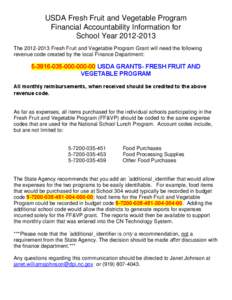 USDA Fresh Fruit and Vegetable Program Financial Accountability Information for School Year[removed]The[removed]Fresh Fruit and Vegetable Program Grant will need the following revenue code created by the local Financ