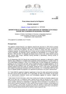 Press release issued by the Registrar Chamber judgment1 Daoudi v. France (application noDEPORTATION TO ALGERIA OF A MAN CONVICTED OF TERRORIST ACTS WOULD