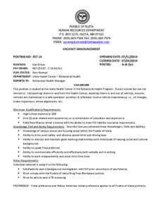 PUEBLO OF ISLETA HUMAN RESOURCES DEPARTMENT P.O. BOX 1270, ISLETA, NM[removed]PHONE: ([removed]FAX: ([removed]EMAIL: [removed] VACANCY ANNOUNCEMENT