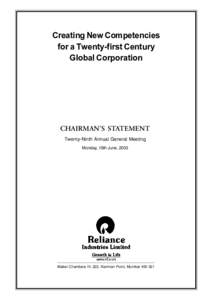 Creating New Competencies for a Twenty-first Century Global Corporation CHAIRMAN’S STATEMENT Twenty-Ninth Annual General Meeting