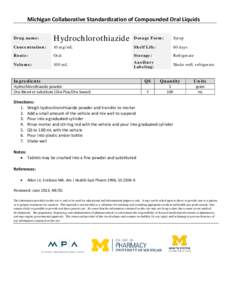 Michigan Collaborative Standardization of Compounded Oral Liquids Drug name: Hydrochlorothiazide  Dosage Form: