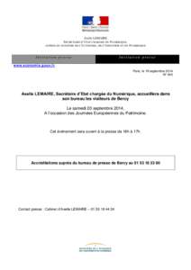 Axelle LEMAIRE S ECRETAIRE D ’E TAT CHARGEE DU NUMERIQUE , AUPRES DU MINISTRE DE L’E CONOMIE , DE L’I NDUSTRIE ET DU N UMERIQUE In vi tati on pres s e