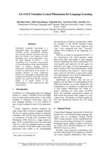 GLANCE Visualizes Lexical Phenomena for Language Learning Mei-Hua Chen*, Shih-Ting Huang+, Ting-Hui Kao+, Sun-Wen Chiu+, Tzu-His Yen+ * Department of Foreign Languages and Literature, Hua Fan University, Taipei, Taiwan, 