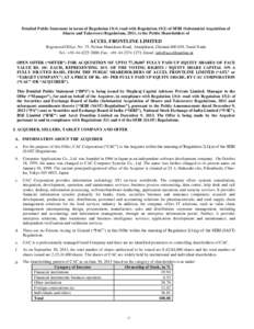 Detailed Public Statement in terms of Regulationread with Regulationof SEBI (Substantial Acquisition of Shares and Takeovers) Regulations, 2011, to the Public Shareholders of ACCEL FRONTLINE LIMITED Registe