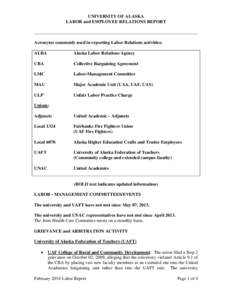 UNIVERSITY OF ALASKA LABOR and EMPLOYEE RELATIONS REPORT ________________________________________________________________________ Acronyms commonly used in reporting Labor Relations activities: ALRA