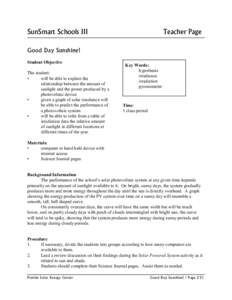 SunSmart Schools III  Teacher Page Good Day Sunshine! Student Objective