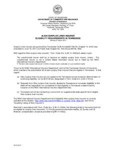 STATE OF TENNESSEE DEPARTMENT OF COMMERCE AND INSURANCE Division of Insurance Financial Affairs Section / Analytical Unit 0576 th 500 James Robertson Parkway, 4 Floor