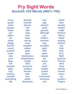 Fry Sight Words  Seventh 100 Words (#cross speak solve