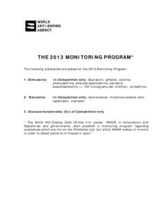 THE 2013 MONITORING PROGRAM* The following substances are placed on the 2013 Monitoring Program: 1. Stimulants: In-Competition only: Bupropion, caffeine, nicotine, phenylephrine, phenylpropanolamine, pipradrol,