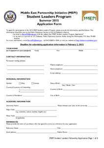 Middle East Partnership Initiative (MEPI)  Student Leaders Program Summer 2015 Application Form