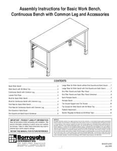 Assembly Instructions for Basic Work Bench, Continuous Bench with Common Leg and Accessories CONTENTS